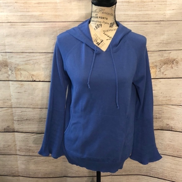 Mel & Lisa Hooded Sweater Cotton Blue Bell Sleeves Size Small Kangaroo Pocket - Picture 1 of 9